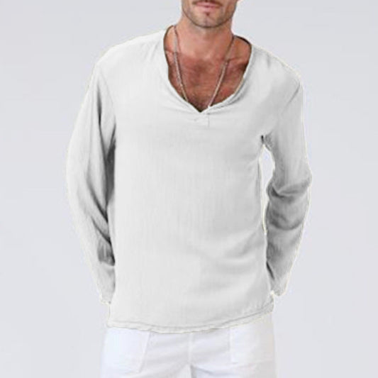 Men’s Long Sleeve T-Shirt – Cotton Linen Blend – Relaxed Fit – V-Neck Casual Wear