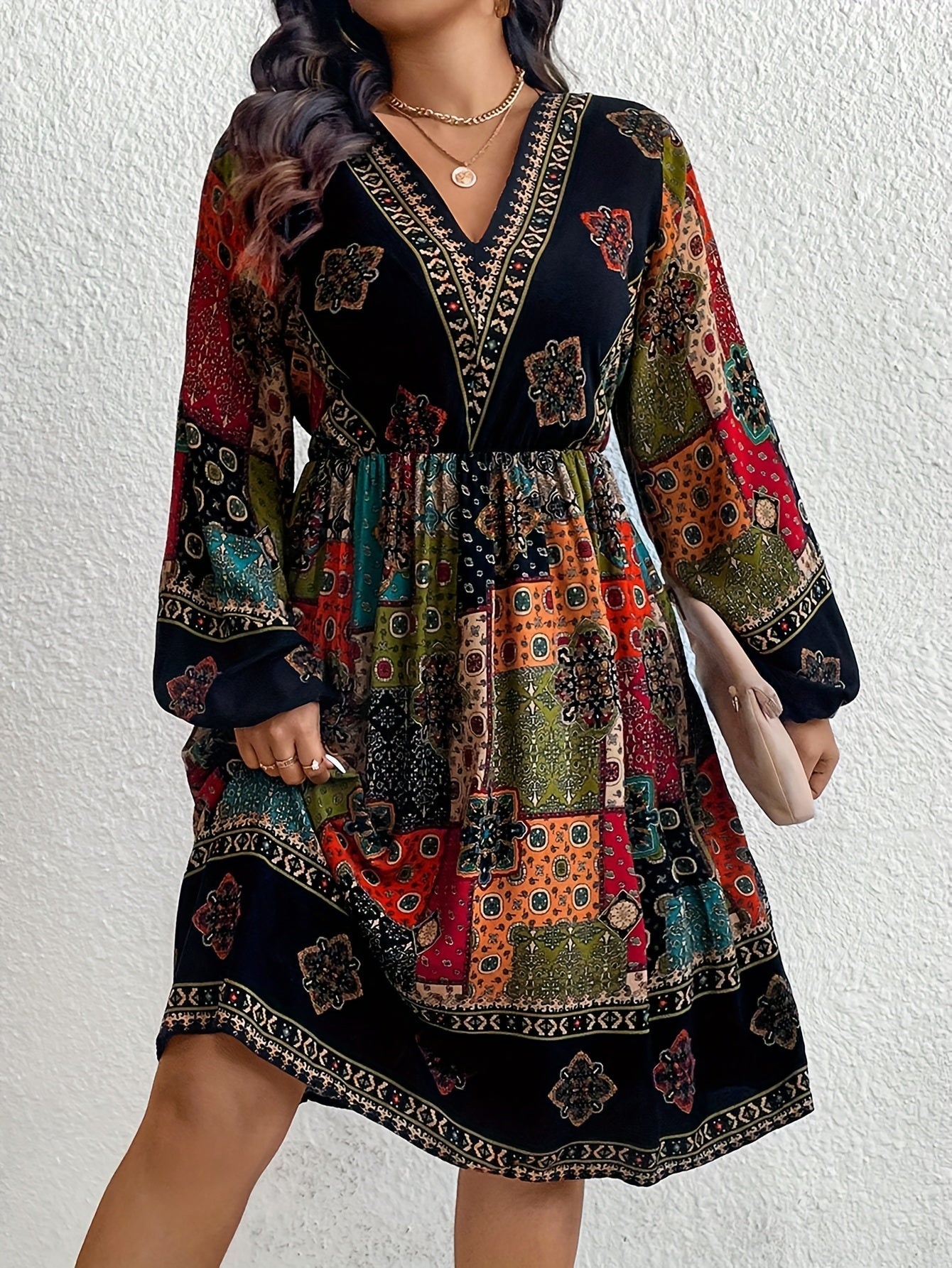 Women's Bohemian Midi Dress - V-Neck Paisley Patchwork - Long Sleeve Flowy Fit