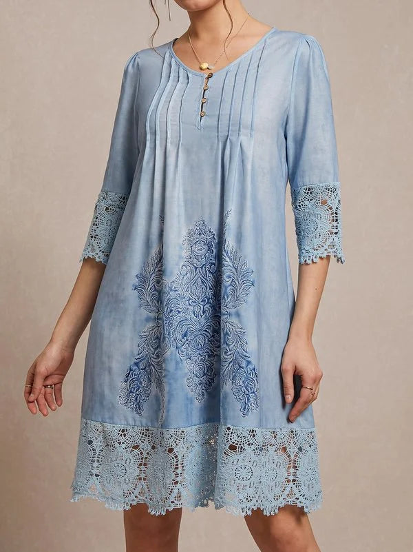 Women's Dress - Knee-Length - Three-Quarter Sleeve - Lace & Embroidery - V-Neck Button-Up