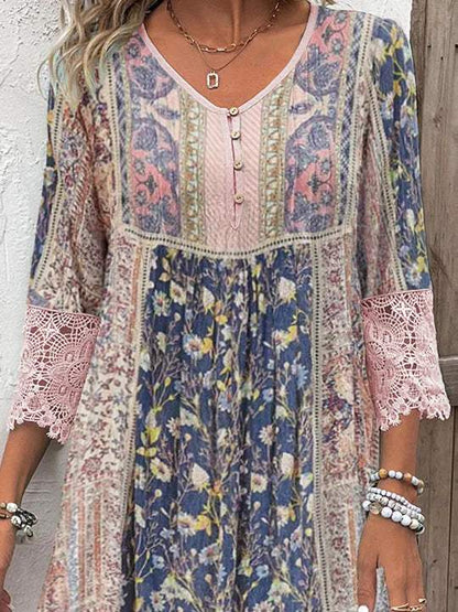 Women's Bohemian Dress - V-Neck Buttoned - Three-Quarter Sleeve Lace Trim - Knee-Length Loose Fit