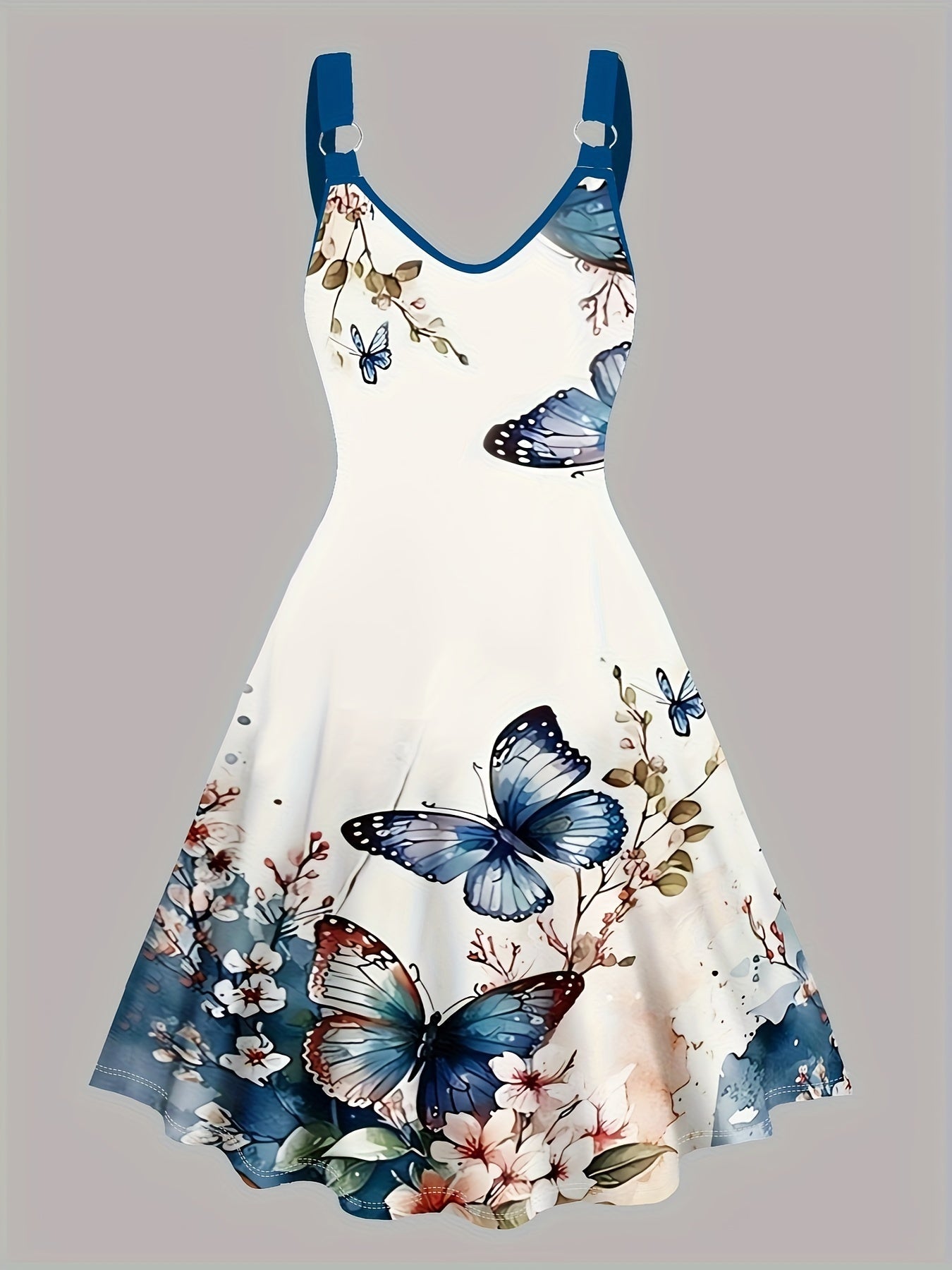 Sleeveless Butterfly Print V-Neck Dress with Ring Detail for Women
