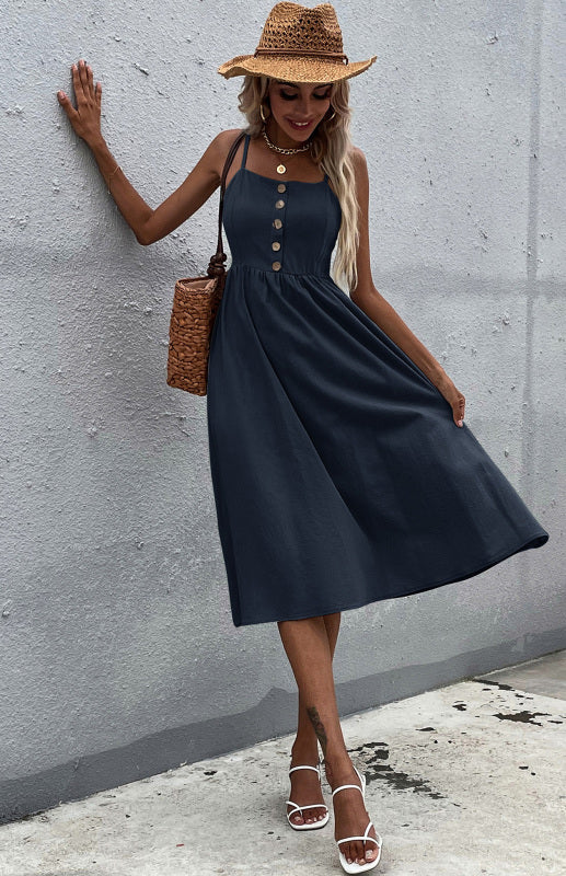 Women's Midi Dress - Sleeveless A-Line - Button-Down Fitted Bodice - Flared Casual Fit
