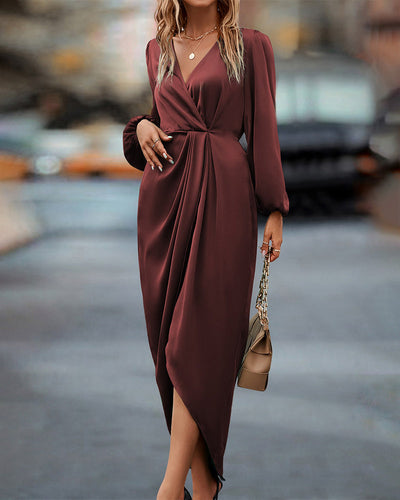 Elegant V-Neck Dress with Lantern Sleeves for Women