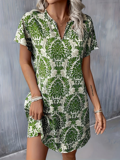 Women's Midi Dress - V-Neck Short Sleeve - Relaxed Fit Floral Damask Pattern