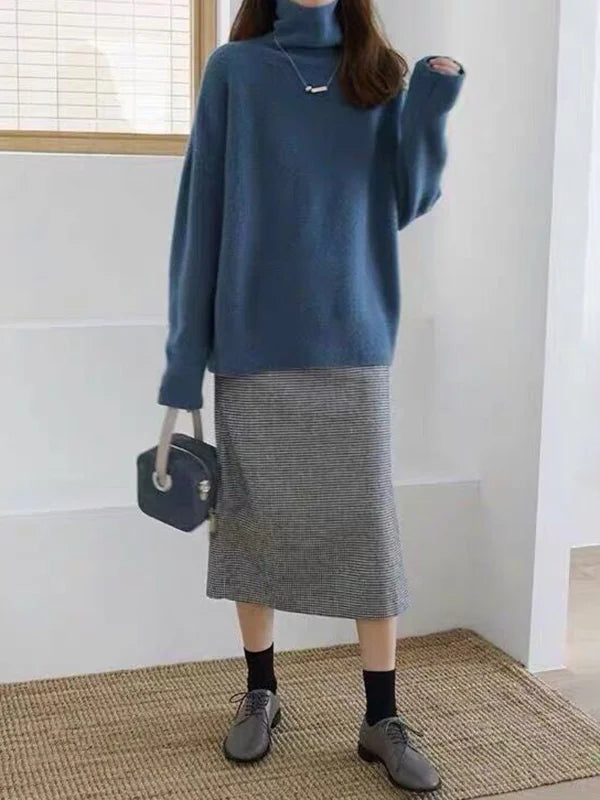 Women’s Turtleneck Sweater – Wool Blend – Relaxed Fit – Ribbed Cuffs – Hip Length