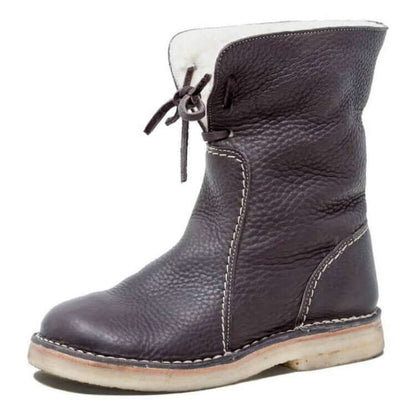 Women’s Mid-Calf Boots – Leather Look – Wool Lined – Lace Up – Rounded Toe – Stitched