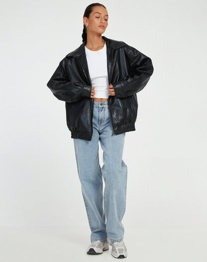 Women’s Leather Jacket – Oversized Fit – Hip Length – Zipper Front – Casual Style