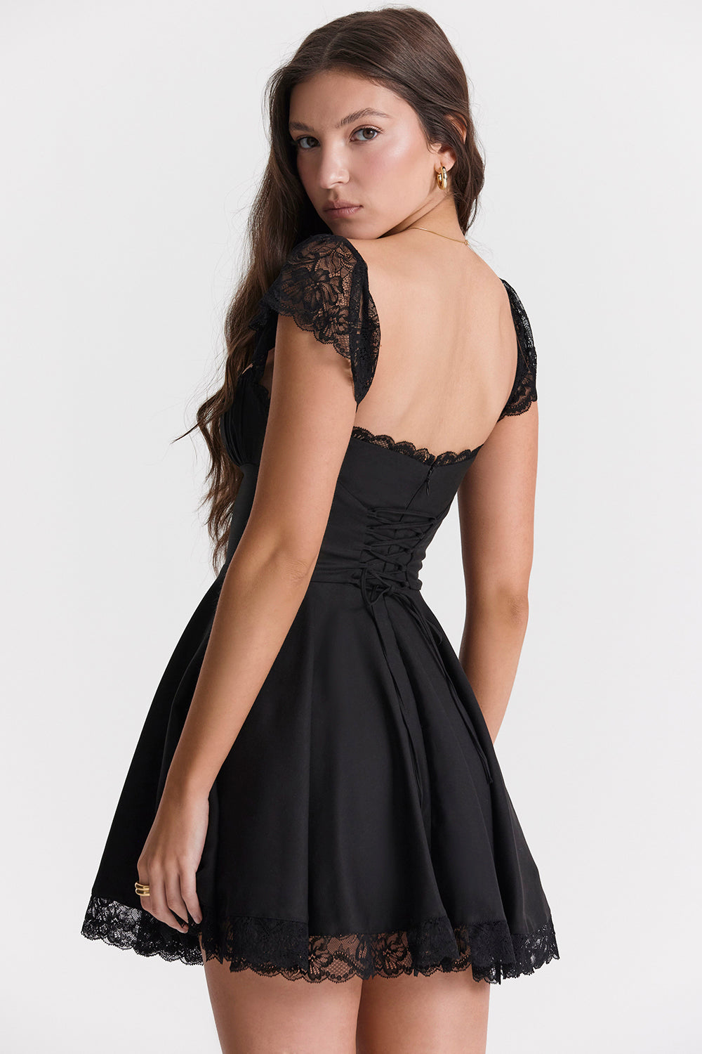 Women's Dress - Square Neck - Lace Trim - Short Sleeve A-Line - Elegant & Flattering