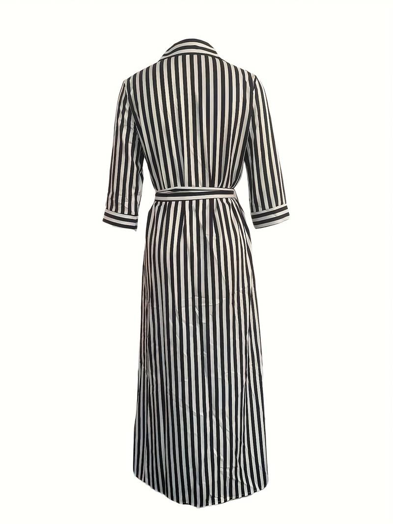 Women's Maxi Dress - Striped Button-Down - Tie Waist - V-Neck - Three-Quarter Sleeve