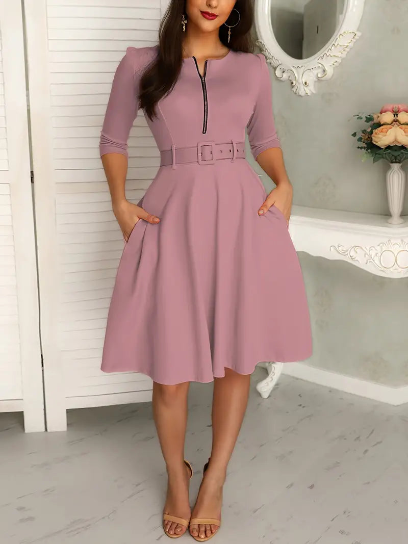 Women's Fit-and-Flare Dress - Three-Quarter Sleeves - Round Neck with Zipper - Belted Waist - Knee Length - With Pockets