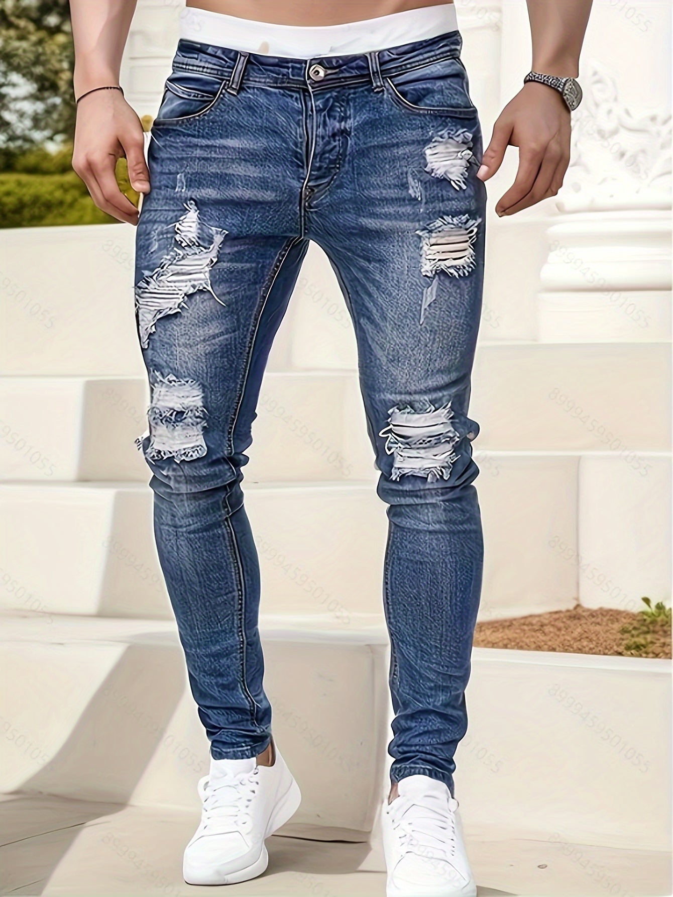 Men’s Skinny Jeans - Distressed Ripped Denim - Tapered Fit - Casual Streetwear