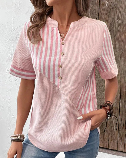 Women's Blouse - Lightweight Breathable Fabric - Striped - Mandarin Collar - Short Cuffed Sleeves