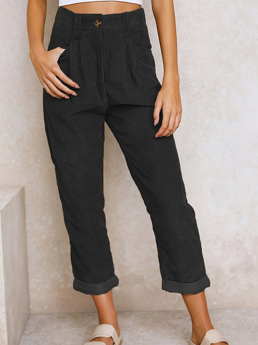 Women’s High-Waisted Trousers – Relaxed Fit – Tapered Leg – Textured Fabric – Pleated Waist