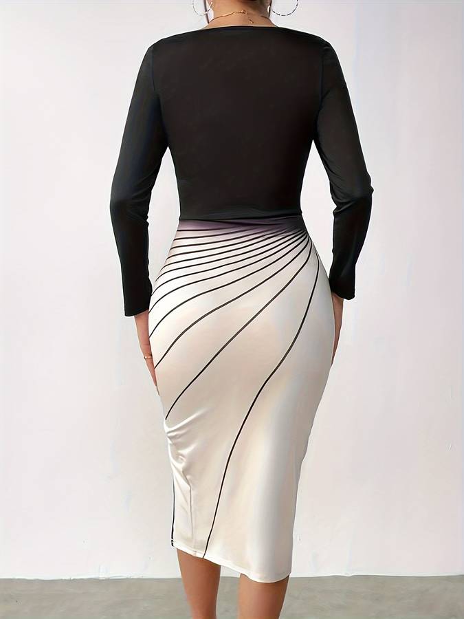 Women's Bodycon Dress - Square Neck - Long Sleeve - High Slit - Figure-Hugging Fit