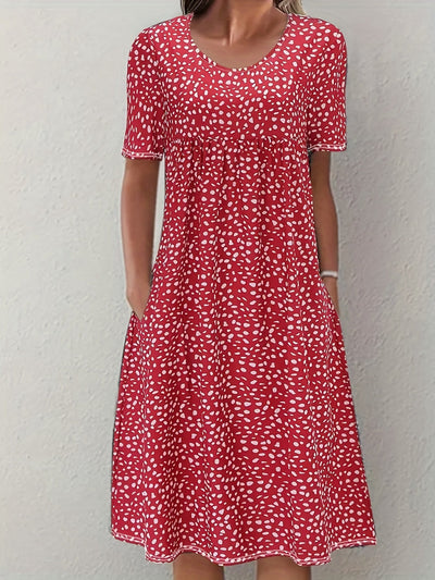 Women's Knee-Length Dress - Short Sleeve - Loose Fit - Rounded Neck - Lightweight Casual Wear