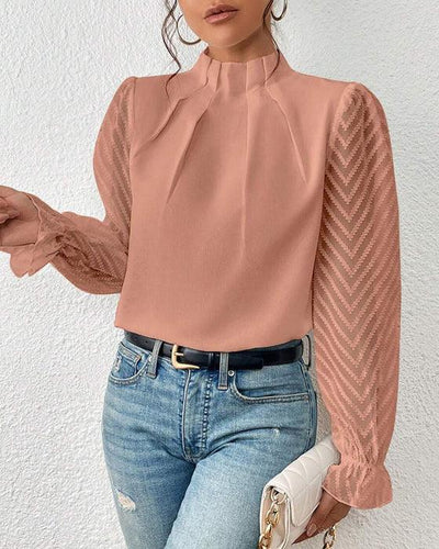 Women's High Neck Chiffon Blouse - Sheer Long Sleeves - Elegant Pleated Design