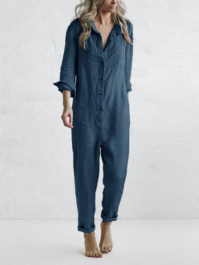 Women's Jumpsuit - Button Down - Long Sleeve Roll Tab - Relaxed Fit - Straight Leg