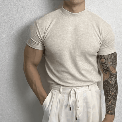 Men’s Fitted Ribbed Knit Top - Short Sleeve - Mock Neck - Breathable Stretch Fabric