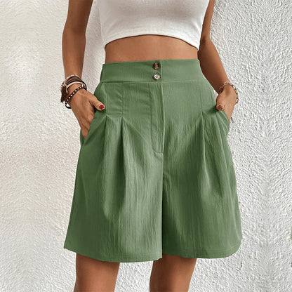 Women's High-Waisted Shorts - Pleated Design - Lightweight Flowy Fabric - Button Front