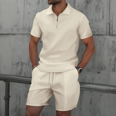 Men’s Co-ord Set – Slim Fit Polo Zip Neck – Soft Knit – Mid-Thigh Shorts