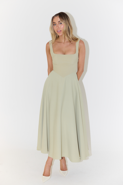 Women’s Midi Dress – Satin Finish – Fitted Bodice – Sleeveless – Square Neckline