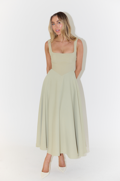 Women’s Midi Dress – Satin Finish – Fitted Bodice – Sleeveless – Square Neckline