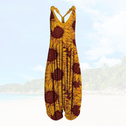 Women’s Jumpsuit – Relaxed Fit – Sleeveless – Printed Pattern – Full Length Breathable Blend