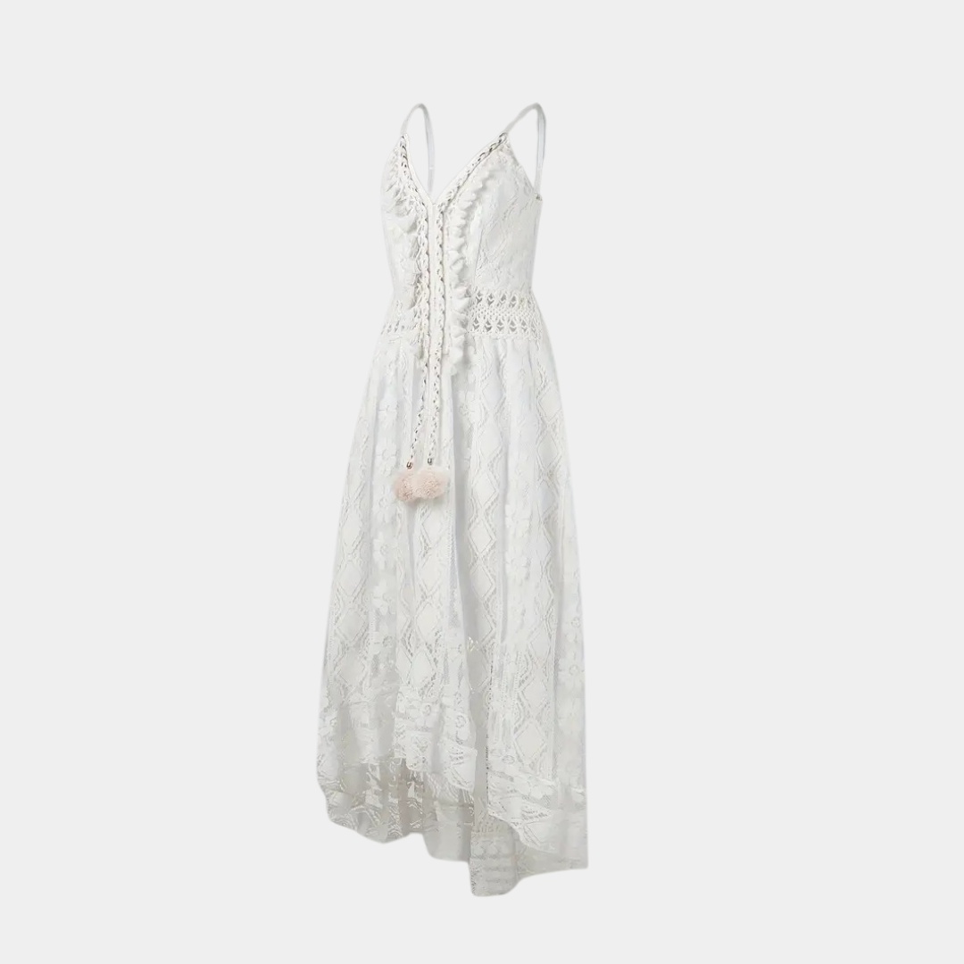 Women’s Midi Dress – Relaxed Fit – Lace Detail – V-Neck – Boho Style – Breathable Fabric