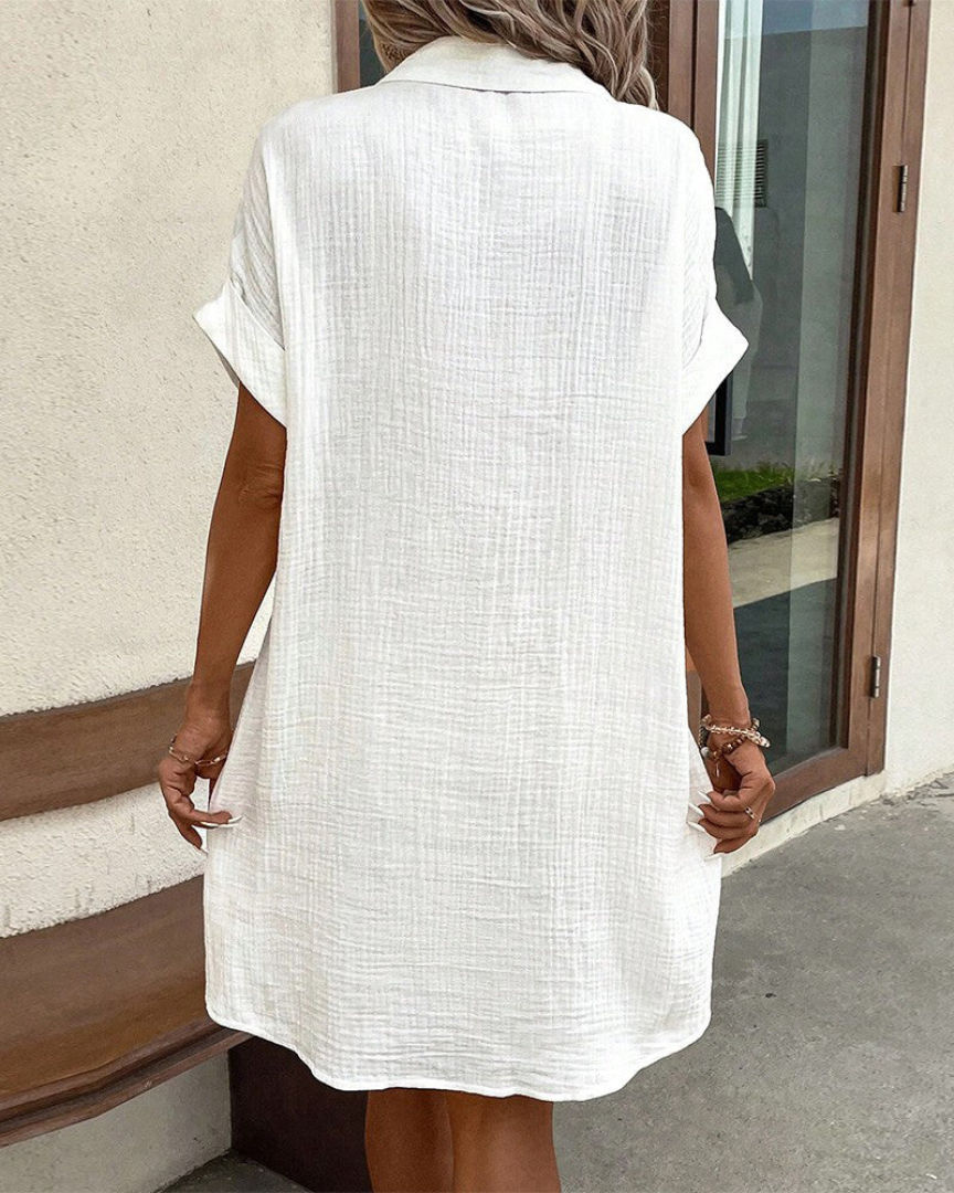 Women's Shirt Dress - Button-Up - Relaxed Fit - Knee-Length - Short Sleeve Cotton Blend