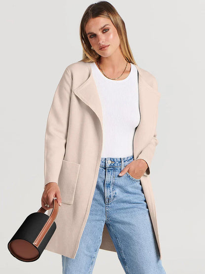 Women’s Knee-Length Coat – Wool Blend – Relaxed Fit – Wide Lapel – Patch Pockets