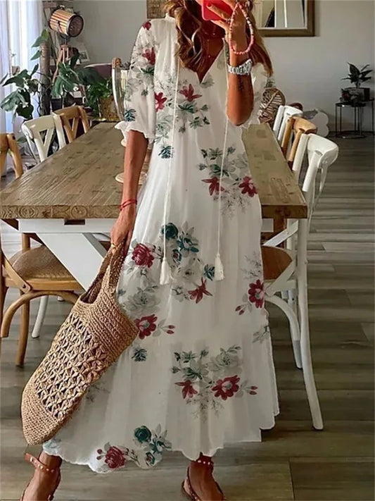 Women’s Maxi Dress – Floral Print – Lightweight Fabric – V-Neck – 3/4 Sleeve Casual Fit