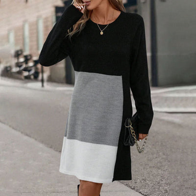 Women's Knit Dress - Color Block Design - Long Sleeve - Relaxed Fit - Knee Length