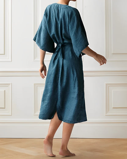 Women's Wrap Dress - V-Neck - Kimono Sleeve - Tailored Waist - Midi Length Elegant