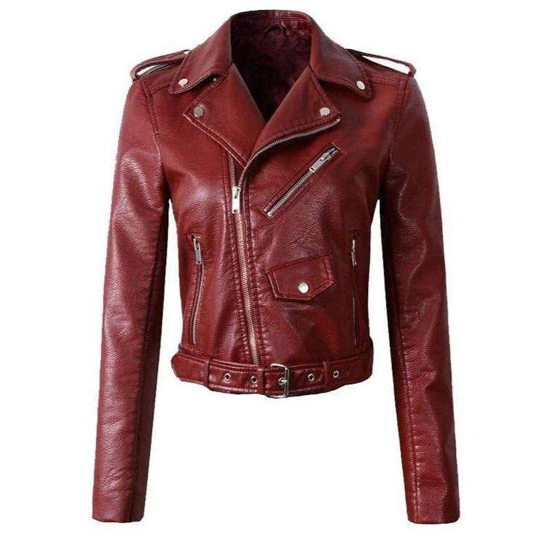 Dames leren biker winterjack met riem in de taille