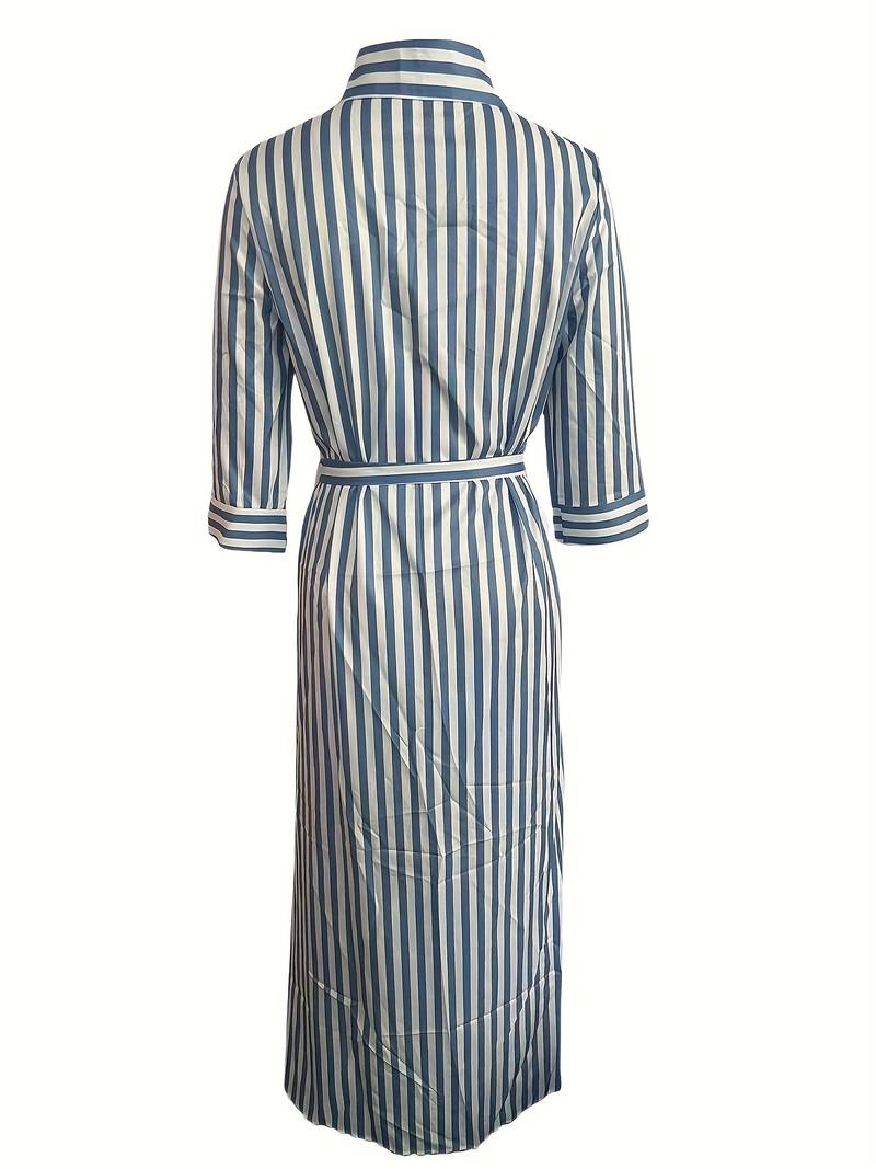 Women's Maxi Dress - Striped Button-Down - Tie Waist - V-Neck - Three-Quarter Sleeve