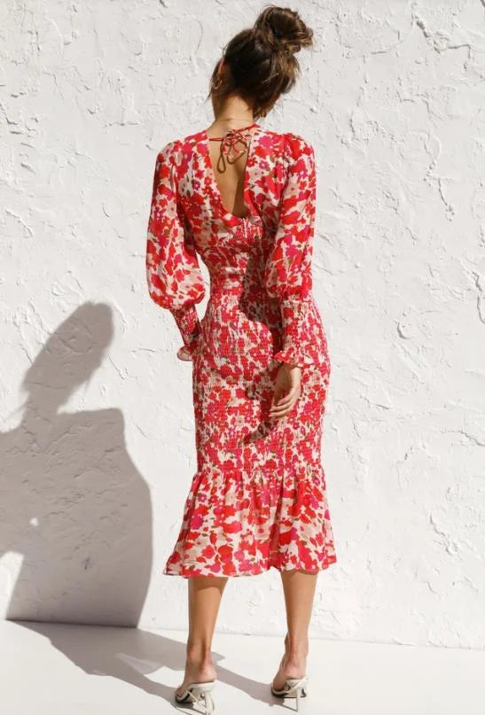 Women’s Midi Dress – Deep V-Neck – Balloon Sleeves – Ruffled Hem – Fitted Silhouette
