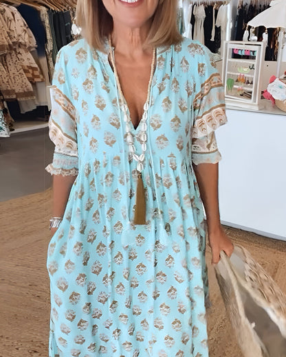 Women’s Maxi Dress – Boho Floral Print – V-Neck – Relaxed Fit – Natural Fibers