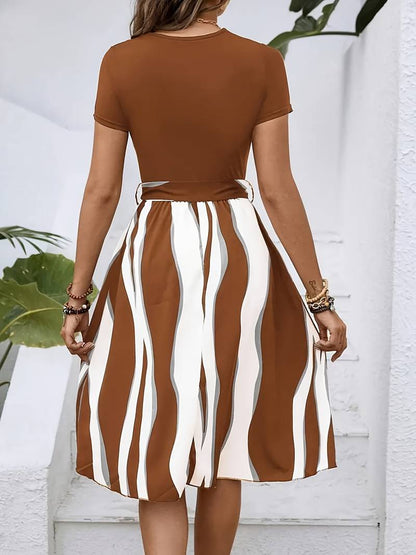 Women's A-Line Dress - Short Sleeve Crew Neck - Waist Tie - Striped Pattern