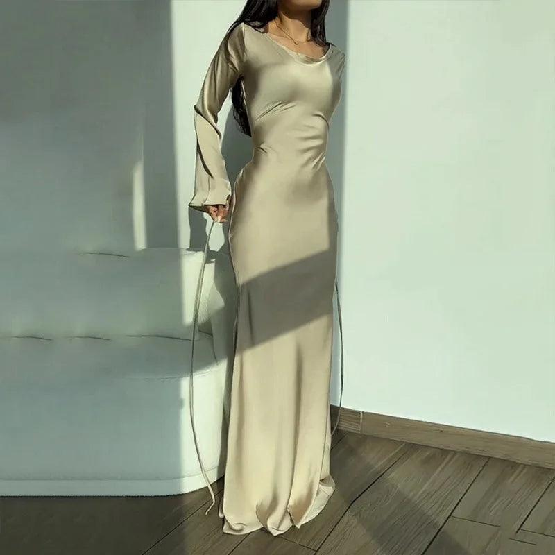 Satin Maxi Dress with Long Sleeves for Women