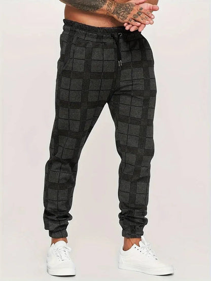 Men’s Jogger Pants - Plaid Pattern - Elastic Waistband - Adjustable Fit - Casual Wear