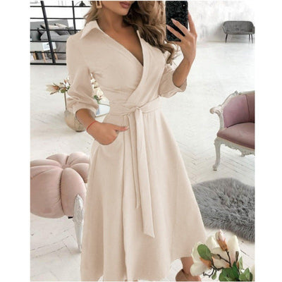 Women’s Wrap Dress - V-Neckline - Fitted Waist with Sash - Three-Quarter Sleeve Midi