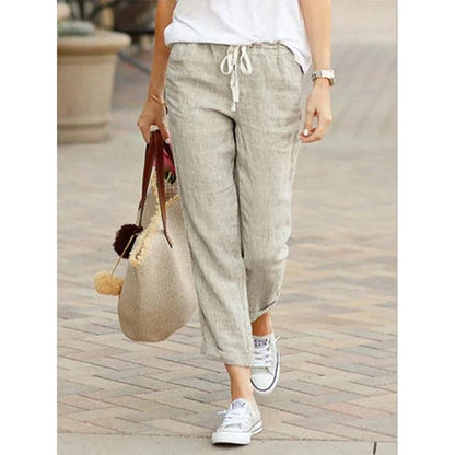 Women's Trousers - Relaxed Fit - Lightweight Cotton/Linen - Drawstring Waist - Straight Leg