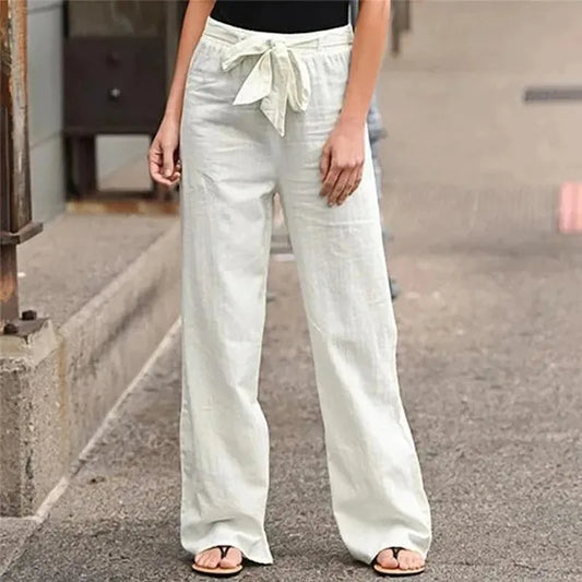 Women’s Wide Leg Trousers – Cotton Linen Blend – High Waist – Pleated Front – Waist Tie