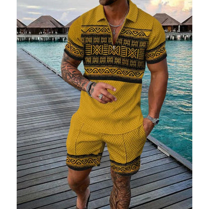 Men’s Two-Piece Set - Textured Short-Sleeve Zip Polo & Matching Shorts - Casual Wear