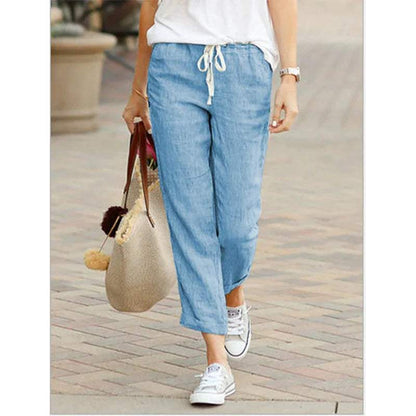 Women's Trousers - Relaxed Fit - Lightweight Cotton/Linen - Drawstring Waist - Straight Leg