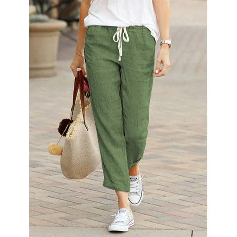 Women's Trousers - Relaxed Fit - Lightweight Cotton/Linen - Drawstring Waist - Straight Leg