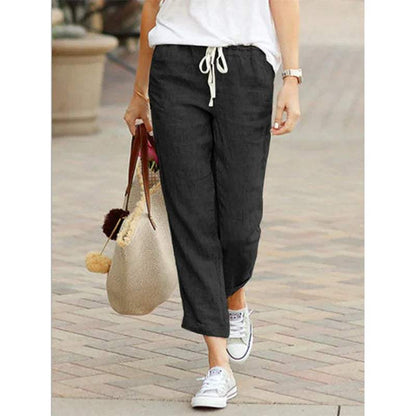 Women's Trousers - Relaxed Fit - Lightweight Cotton/Linen - Drawstring Waist - Straight Leg