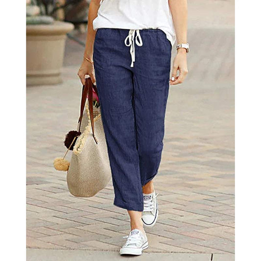 Women's Trousers - Relaxed Fit - Lightweight Cotton/Linen - Drawstring Waist - Straight Leg