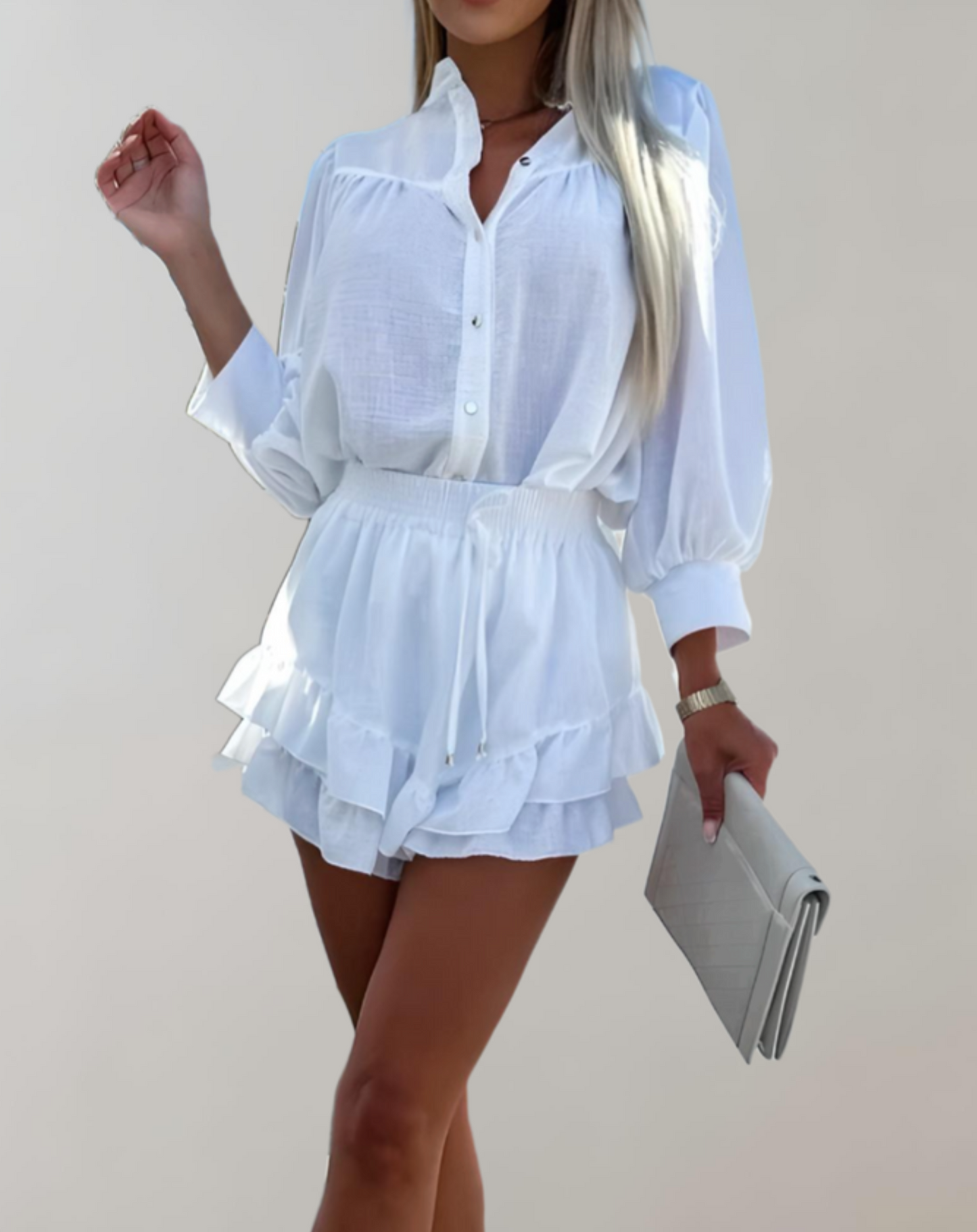 Women's Two-Piece Co-Ord Set - Loose Fit Blouse & Mini Skirt - Ruffle Detail - Lightweight