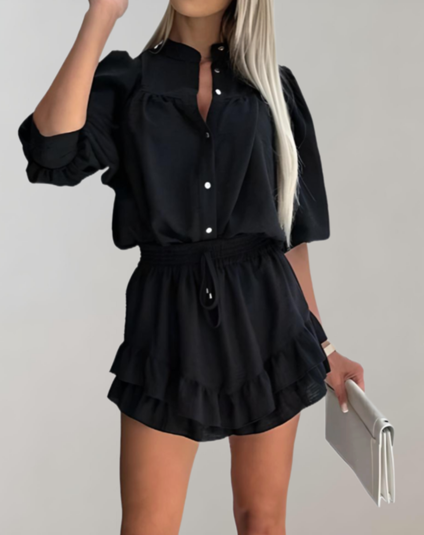 Women's Two-Piece Co-Ord Set - Loose Fit Blouse & Mini Skirt - Ruffle Detail - Lightweight